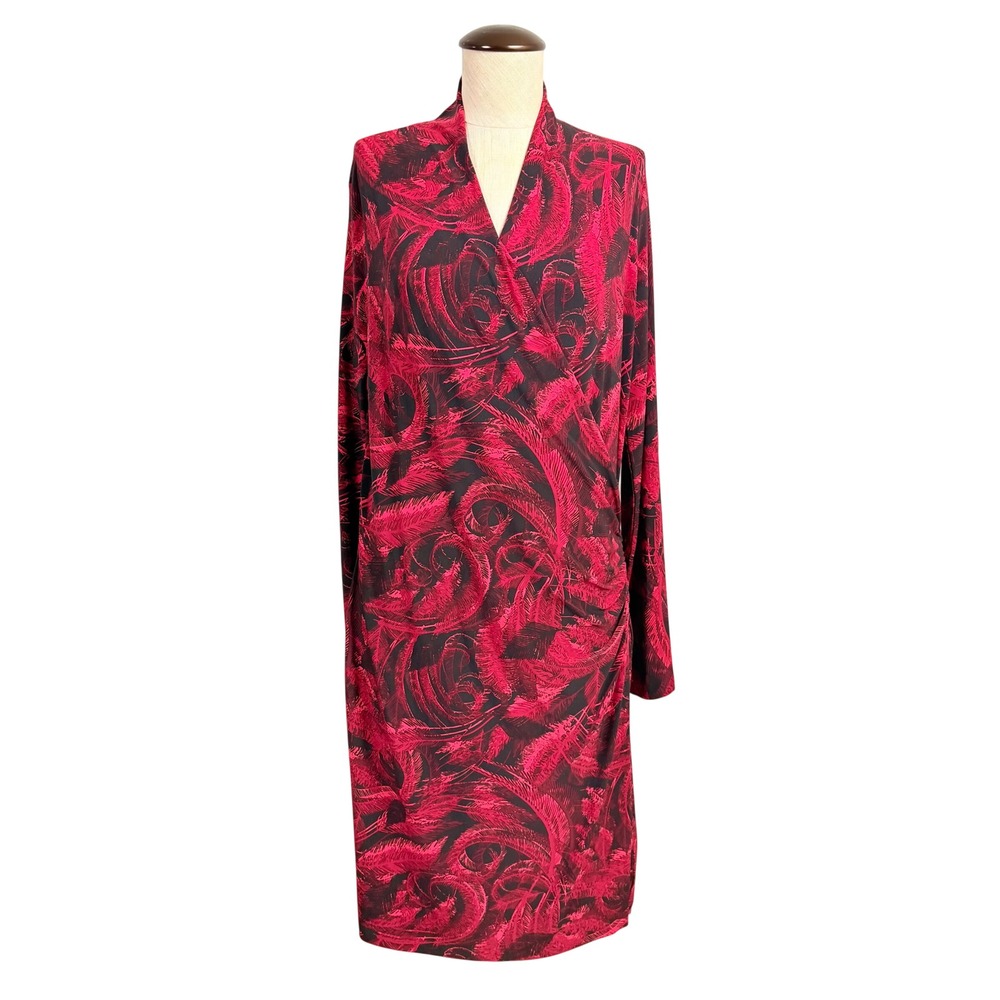 Norma Kamali Red Black Knit Feather Print Long Sleeve Faux Wrap Dress Large